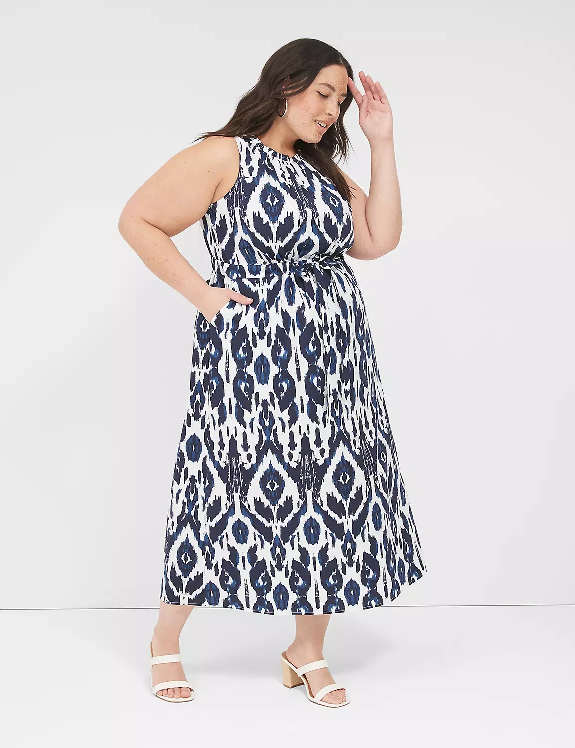 Elastic-Neck Tie-Waist Midi Dress