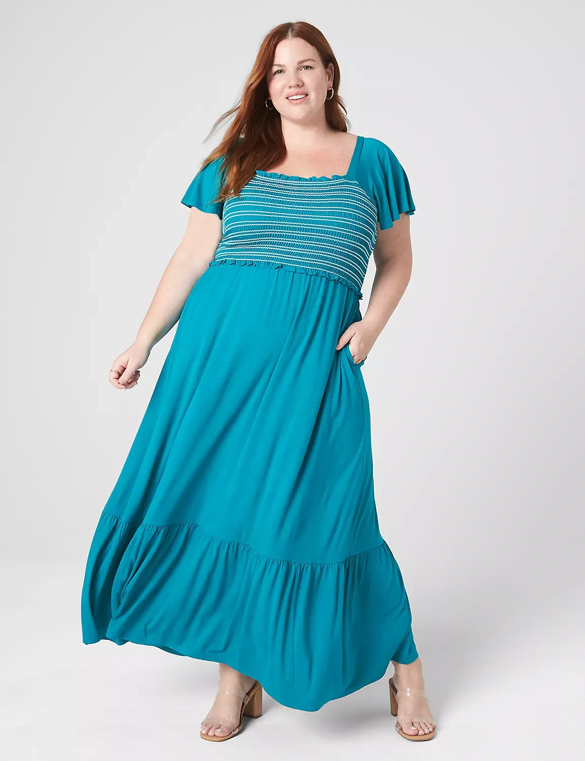 Smocked-Bodice Flutter-Sleeve Maxi Dress